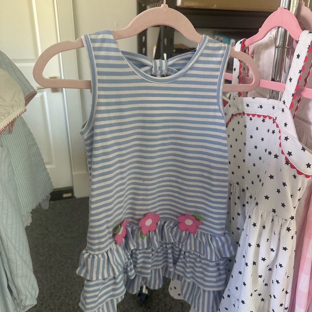 Striped Blue and White Dress with Floral Accents